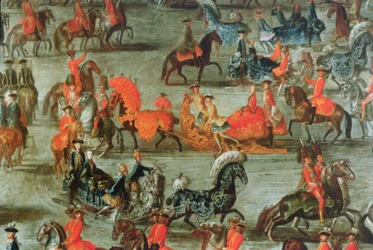 Císařská jízda na saních u příležitosti sňatku rakouského císaře Josefa II s jeho 2. manželkou Marií Josephou von Bayern: detail saní