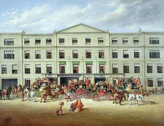 Přebalování koní před Plough Inn, Cheltenham, 1870