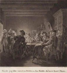 Politický džbán. "Kdybych nebyl politik, měl byste se stydět." Rytina podle galerie Lorentzens Holberg.