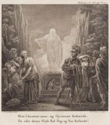 Melampe. Půjdete-li více vpřed a zatvrdíte svá srdce, kdy vás tento duch bude děsit dnem i nocí? Rytina podle Llorentzens Holberg Galleri.