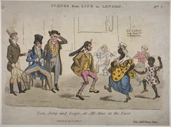 Postavy popíjející a tančící v Coach and Horses na Nightingale Lane, ilustrace z knihy Pierce Egana "Life in London" (ručně kolorovaný lept)