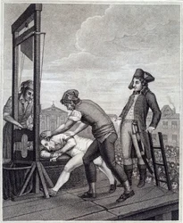 Poprava Maximiliena de Robespierra (1758-1794) gilotinou 28/07/1794 na Place de la Concorde. Rytina Jamese Idnarpily podle J. Beyse. Přibližně 1799. Paříž, Musée Carnavalet