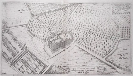 Chateau de Vallery se zahradami, parkem a částí vinice, z „Les Plus Belles Bastiments de France, vydáno v 70. letech 16. století (rytina)