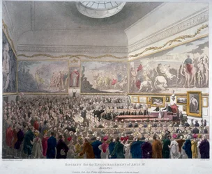 Setkání Společnosti umění v Adelphi Buildings, Westminster, Londýn, 1809