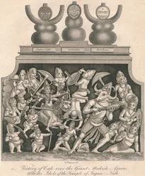 Vítězství Cali nad obřím Mahishasurou, s idoly z chrámu Jagannath, 1809.