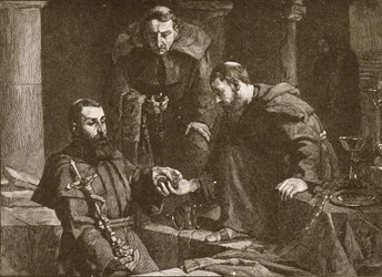 Ukrytí pokladu při zrušení kláštera, ilustrace z knihy The Church of England: A History for the People od H. D. M. Spence-Jonese, vydáno asi 1910