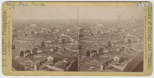 Stereograf pohledu na severozápad z Water Tower po požáru v Chicagu v roce 1871, 1871 (černobílá fotografie na držáku karty)