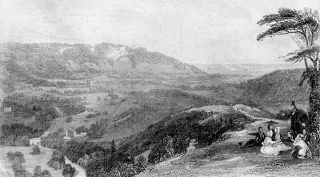 Pohled z Box Hill, při pohledu na Norbury, Surrey, 19. století.