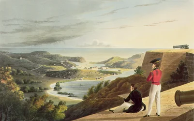 Pohled na anglický přístav, Antigua z Great George Fort, Monks Hill, vyryl T. Fielding, hospoda. T. a G. Underwood, 1827