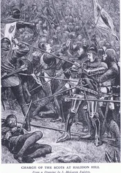 Charge of the Scots at Halidon Hill, z Cassells History of the British People vydané společností Waverley Book Company Limited, kolem roku 1940