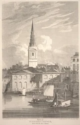 Pohled na kostel St. Brides Church, převzatý z řeky Temže, vyrytý Matthewsem