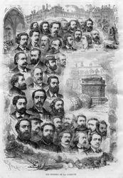 Rytina Muži Pařížské komuny 1870 od J Roberta z roku 1870 - (Charles Delescluze, Felix Pyat, Charles Ferdinand Gambon, Paschal Grousset, Jules Valles a Gustave Courbet, Arthur Arnould, Charles Amouroux, Victor Clement, Jules Bergeret atd...)