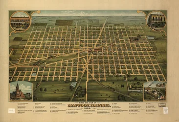 Pohled z ptačí perspektivy na Mattoon, Illinois 1884.