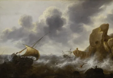 Rybářská loď u skalnatého pobřeží v bouři s vrakem, asi 1664-65 (olej na desce)