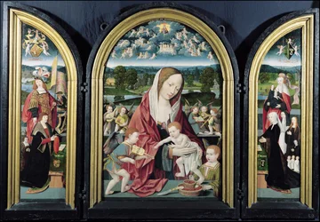 Panna a dítě s anděly tvořícími hudbu a rodinou Sampsons-Coolen, Triptych, 1500-1525