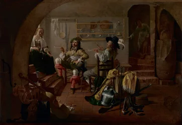 Interiér s vojáky a ženami, asi 1650 (olej na desce)