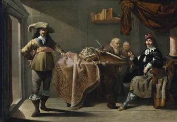 Almužna v notářské kanceláři - Almužna v notářské kanceláři od Duck, Jacob (1600/10-1667), - Olej na dřevě, 32x57 - Soukromá sbírka
