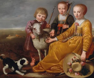 Tři děti s kozou a pejskem v krajině, 1639.