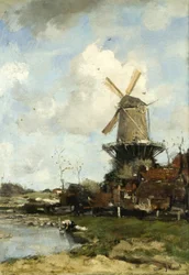 Mlýn, holandská krajina, kolem roku 1880 (olej na plátně)