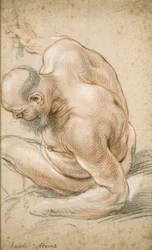 Nahý starý muž sedící, opřený o předloktí, čelem doleva, kolem 1640