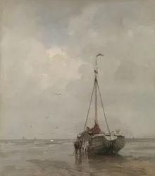 Rybářská loď s širokou přídí na pláži v Scheveningen. Kolem roku 1885