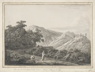 Pohled poblíž mlýna směrem k Licenze: Horaces Villa nalevo, 1783 (šedé omytí perem a černým inkoustem na papíře)