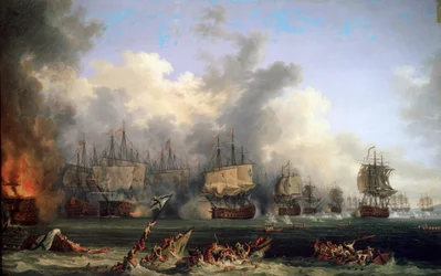 Potopení ruské bitevní lodi St. Evstafius v námořní bitvě u Chesmy, 1771.