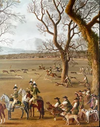 Ferdinand IV. na lovu divočáků na panství Cassano. Detail, Jakob Philipp zvaný Hackert d