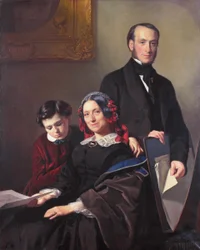 Paní A. J. Schmidt-Keiserová, vdova po malíři Willemovi Hendriku Schmidtovi (1809-49), učiteli Jacoba Spuela, se svým bratrem J. N. Keiserem a desetiletým synem.