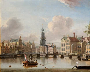 Pohled na Munt, Amsterdam s postavami na člunech a plaváním v kanálu (olej na plátně)