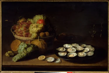 Zátiší, ústřice a ovoce. Obraz Jacoba Fopsena Van Ese (asi 1596-1666) Ec. Podvod.