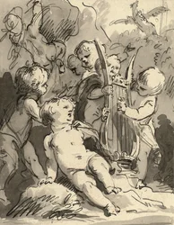 Putti hraje na lyru (červená křída, pero a černý inkoust a šedá barva)