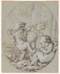 Tři putti: Design pro obraz Grisaille