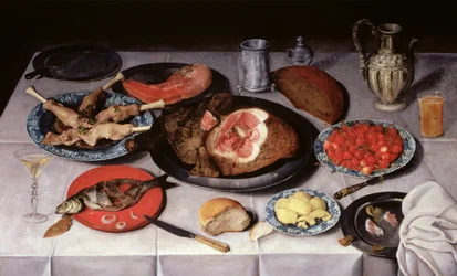 Snídaňové zátiší s rybou, šunkou a třešněmi, 1614