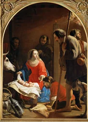 Klanění pastýřů, v pozadí svatý František z Assisi (malba na plátně)