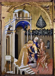 Lucie dává almužnu, kolem roku 1410.