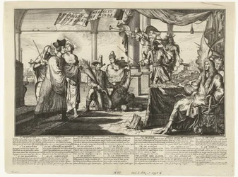 Karikatura právnické profese těžící z mužských hádek, 1687 Interest des