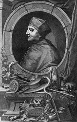 Portrét Thomase Wolseyho (1478-1530), anglického kardinála a státníka, rytina Jacobuse Houbraken (1698-1780)