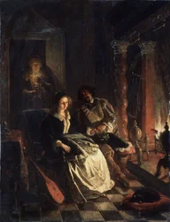 "Le Rendez vous"" (Rendezvous) Scéna svádění, mladá dívka, které se dvoří gentleman, který jí u krbu vyznává lásku. Obraz Jacoba Josepha Eckhouta (1793-1861) 1852 Státní muzeum umění Běloruské republiky, Minsk, Bělorusko