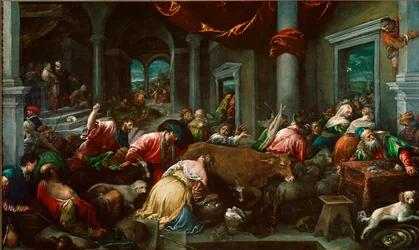 Očista chrámu aneb „Kristus honí obchodníky z chrámu““ Obraz od Jacopa Da Ponte dit Jacopo Bassano (1517 cca-1592) Sun. 160x265 cm Londýn, Národní galerie