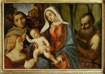 Sacra Conversazione: Madona s dítětem, svatý Antonín, svatý Jeroným a dárce... (malba na plátně)