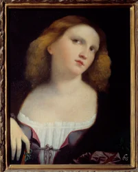 Portrét ženy Malba na dřevě transponovaná na plátno Jacopem Palmou il Vecchio (1480-1528) 1513 Rozm. 0,48 x 0,38 m Lyon, Musee des Beaux Arts