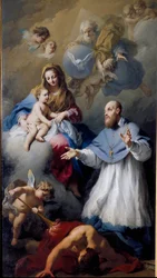 Panna a dítě se Saint Francois-de-Sales (1567-1622), předvečer ženevského Zastoupení Nejsvětější Trojice s Ježíšem Kristem, Bohem a holubicí Ducha svatého. Obraz od Jacopa Amigoniho (1675-1752) 1743 Benátky, kostel Santa Maria della Fava