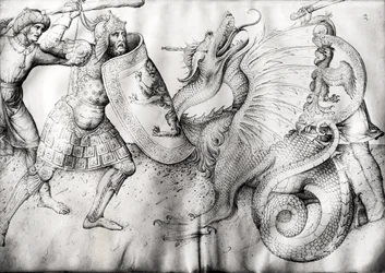 Bitva mezi válečníky a drakem, cca 1450 (inkoust na pergamenu)