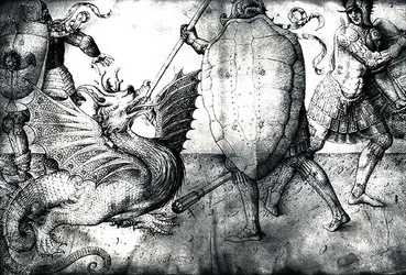 Válečníci bojující s drakem, cca 1450 (inkoust na pergamenu)