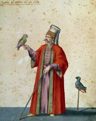 Usher to great selim s papoušky, kresba Jacopo Ligozzi (1547-1627)