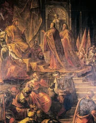 Velvyslanci papeže a Benátčanů, kteří marně prosili Barbarossu o mír, Jacopo Tintoretto (1519-1594) a jeho dílna, Velká síň rady, Dóžecí palác, Benátky. Itálie