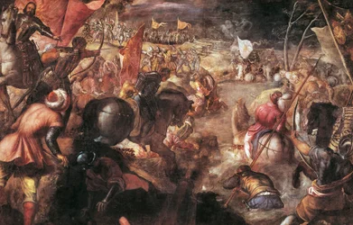 Francesco II. Gonzaga bojující v bitvě u Tara proti francouzskému Karlu VIII. v roce 1495