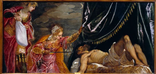 Obraz Judith a Holofernes od Jacopa Robustiho zvaný Tintoret (Il Tintoretto) (1518-1594) Slunce 16. století. 0,58 x 1,19 m Madrid, Musee du Prado
