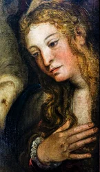 Ukládání Krista do hrobu, detail svaté Máří Magdalény, asi 1559/62 (olej na plátně)